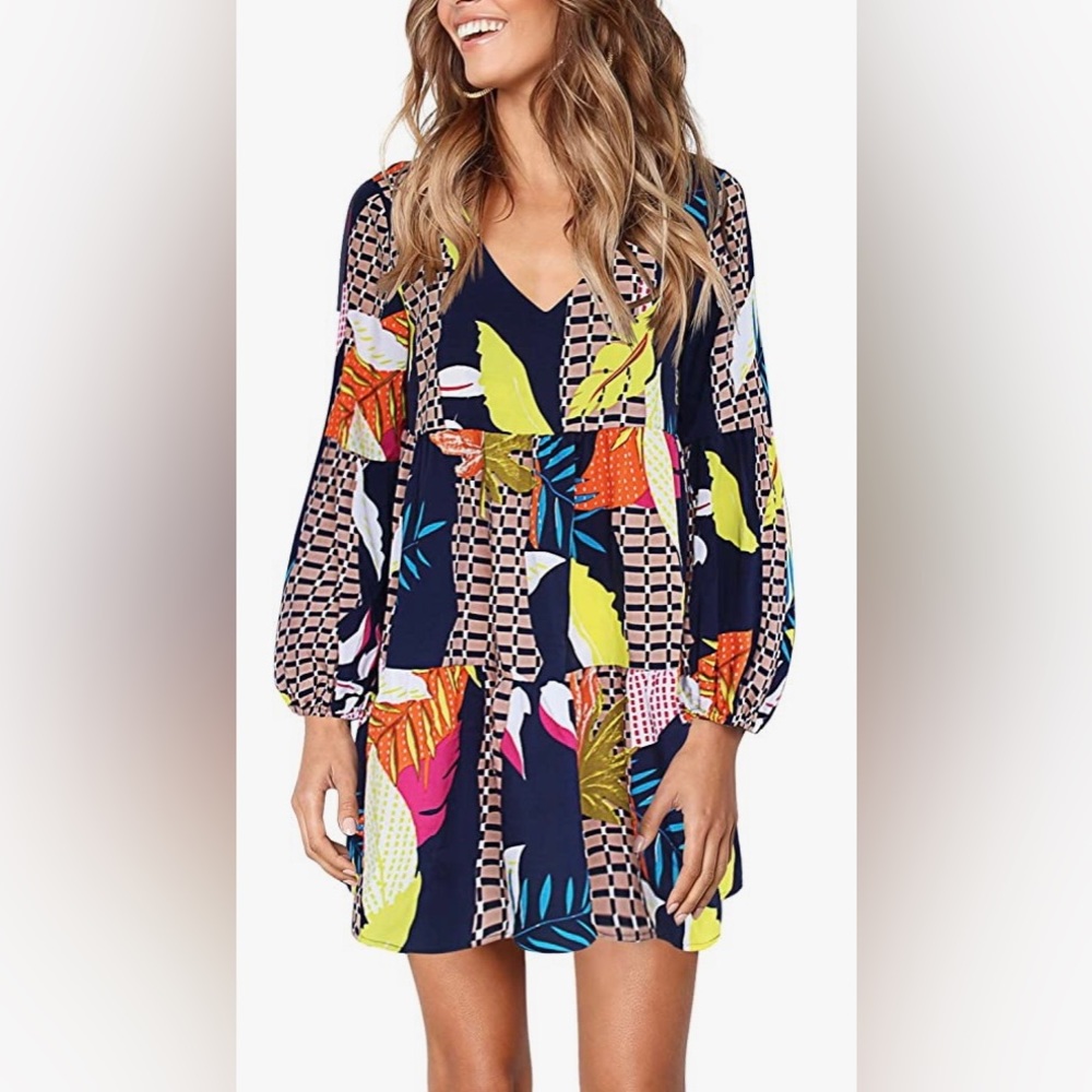 Amoretu Women Summer Tunic Dress V Neck Casual Loose Flowy Swing Shift Dresses